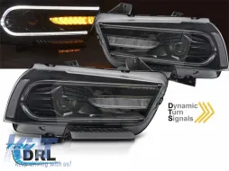 LED-Tuning-Scheinwerfersatz geeignet für Dodge Charger 2011-2015 mit schwarzem Gehäuse, ausgestattet mit dynamischen Blinkleuchten, für das Modell mit serienmäßigen Tagfahrlichtern, links und rechts-image-6152847