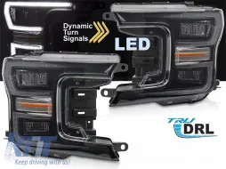 LED-Tuning-Scheinwerfersatz geeignet für Ford F150 2017-2020 mit schwarzem Gehäuse, für das Modell mit werkseitigen DRL-Leuchten, mit dynamischen Blinkern, links und rechts-image-6238414