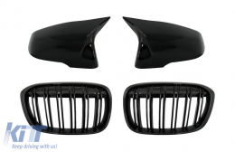Mirror Covers with Central Kidney Grilles Double Stripe suitable for BMW X1 F48 Pre LCI (06.2015-2019) Piano Black M Design - COMCBMF48MPBFG