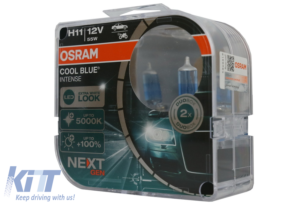 Osram COOL BLUE INTENSE H11, 100% more brightness, up to 5,000K, halogen  headlight lamp, LED look, duo box (2 lamps), 64211CBN-HCB