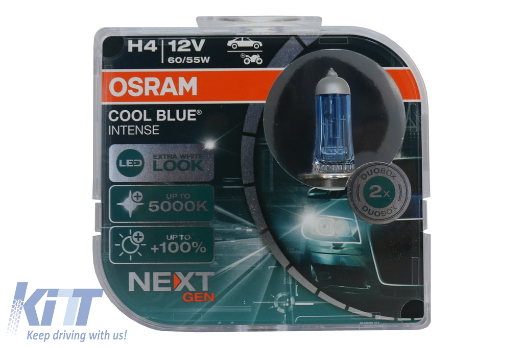  OSRAM COOL BLUE INTENSE H4, +100% more brightness, up to  5,000K, halogen headlight lamp, LED look, duo box (2 lamps) : Automotive
