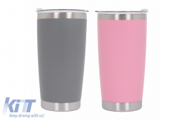 Pack 2pcs Thermos Stainless Steel SS304 Insulated Mug with Lid Double Wall Pink Gray 20oz 590ml - COCANPINKG