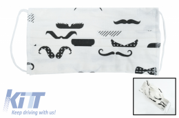 Package of 5 white with mustaches Reusable Masks with Folds 100% Cotton 2 Layers Unisex Washable 5 Filters PPS 330 Microns - MASKRALWM