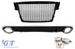 Rear Bumper Diffuser suitable for Audi A4 B8 Limousine Avant Pre Facelift (2007-2011) with Exhaust Tips RS4 Design and Central Grille Piano Black - CORDAURS4FG