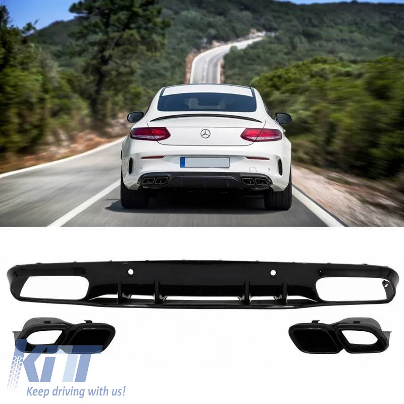 Rear Bumper Diffuser suitable for Mercedes-Benz C-Class C205 Coupe 14-21 A Design 63 Look With Black Exhaust Tips
