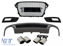 Rear Bumper Valance Air Diffuser and Exhaust Muffler Tips suitable for Audi A4 B8 Facelift Limousine Avant (2012-2015) with Badgeless Front Grille and Fog Lamp Covers S-Line Look only Standard Bumper - CORDAUA4B8S4FNSG