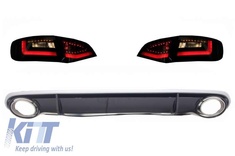 Hátsó lökhárító sárvédő diffúzor és kipufogóvégek LED-es hátsó lámpákkal Dynamic Black/Smoke alkalmas AUDI A4 B8 Avant Pre Facelift (2007-2011) RS4 Designhoz