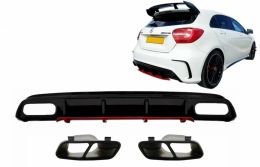 Rear Bumper Valance Diffuser with Exhaust Muffler Tips suitable for Mercedes A-Class W176 Facelift (2015-2018) A45 Design Red Edition-image-6058122