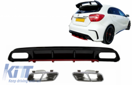 Rear Bumper Valance Diffuser with Exhaust Muffler Tips Chrome suitable for Mercedes A-Class W176 Facelift (2015-2018) A45 Design Red Edition-image-6058104