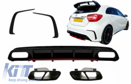 Rear Diffuser with Exhaust Muffler Tips Black and Splitters Fins suitable for Mercedes A-Class W176 (2012-2018) A45 Facelift Design Red Edition - COCBMBW176FRTYB