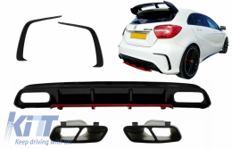 image-26-Rear Diffuser with Exhaust Muffler Tips Black and Splitters Fins suitable for Mercedes A-Class W176 Facelift (2015-2018) A45 Design Red Edition