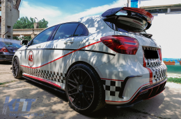 Rear Diffuser with Exhaust Muffler Tips Black and Splitters Fins suitable for Mercedes A-Class W176 Facelift (2015-2018) A45 Design Red Edition-image-6094720