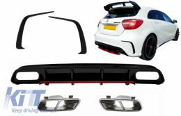 Rear Diffuser with Exhaust Muffler Tips Chrome and Splitters Fins suitable for Mercedes A-Class W176 (2012-2018) A45 Facelift Design Red Edition - COCBMBW176FRTYC