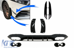 Rear Diffuser with  Front Side Vents and Flaps Side Fins suitable for Mercedes A-Class V177 Sedan (2018-up) Black Exhaust - CORDMBW177AMGBSVFOB