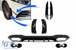 Rear Diffuser with  Front Side Vents and Flaps Side Fins suitable for Mercedes A-Class V177 Sedan (2018-2022) Black Exhaust - CORDMBW177AMGBSVFOB