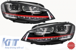 RHD Headlights 3D LED DRL suitable for VW Golf 7 VII (2012-2017) RED R20 GTI Look LED Flowing Dynamic Sequential Turning Lights - HLVWG7GTILEDFWRHD