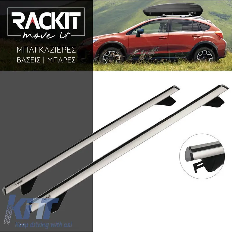 Roof Bars Aluminum Aerodynamic Rackit RK003C1-120cm Universal Open & Closed Railing System Set With Fixing Kit Silver 2 Pieces