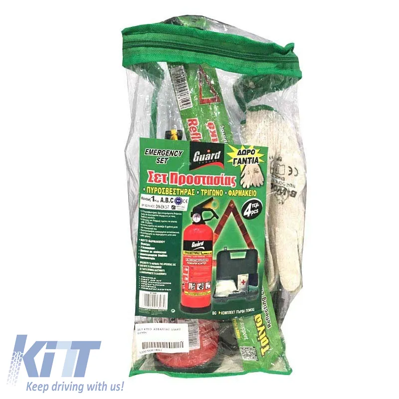 Safety Set 4 Pcs Triangle, First Aid Kit, Fire Extinguisher 1Kg, Gloves Guard 01906