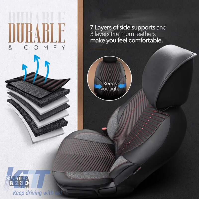 Seat Covers Otom "Advanced Leather" Universal Leather / Linen Front / Rear Set 11 Pieces Black / Red ADV-101
