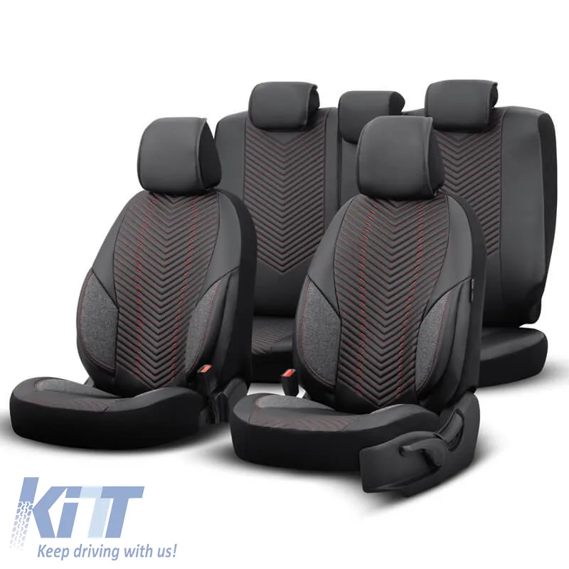 Seat Covers Otom "Advanced Leather" Universal Leather / Linen Front / Rear Set 11 Pieces Black / Red ADV-101