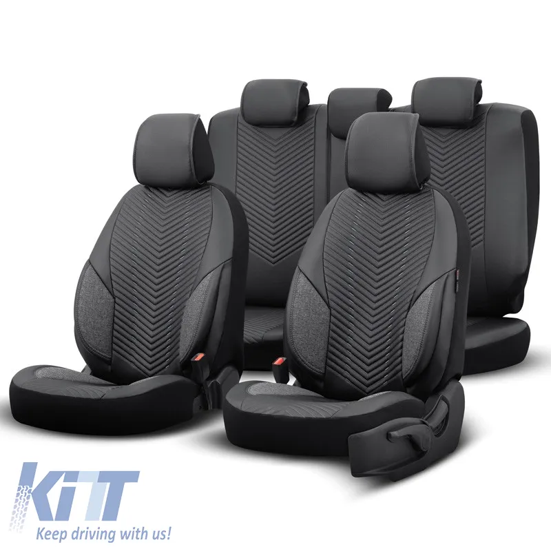 Seat Covers Otom "Advanced Leather" Universal Leather / Linen Front / Rear Set 11 Pieces Black / Smoke ADV-103
