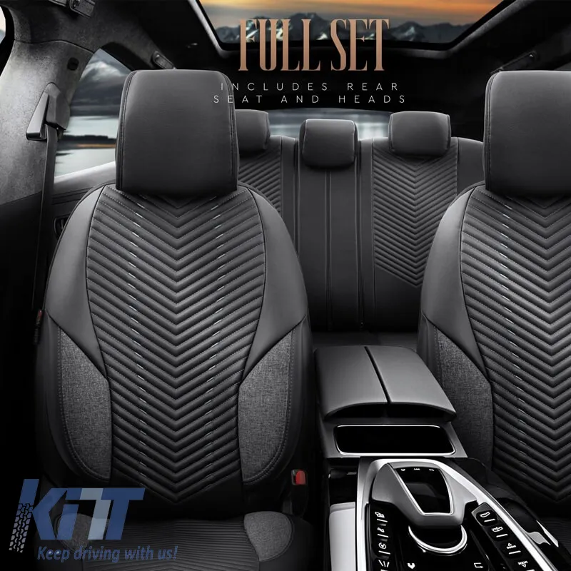 Seat Covers Otom "Advanced Leather" Universal Leather / Linen Front / Rear Set 11 Pieces Black / Smoke ADV-103