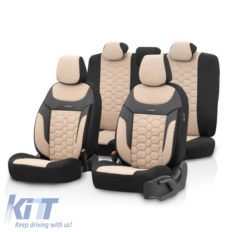 Seat Covers Otom Carbon Design Universal Jacquard / Rachel / Artificial Leather Front / Rear Set 11 Pieces Beige CRB-3403