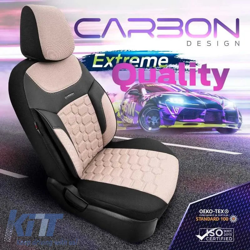 Seat Covers Otom Carbon Design Universal Jacquard / Rachel / Artificial Leather Front / Rear Set 11 Pieces Beige CRB-3403