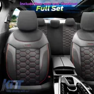 Seat Covers Otom Carbon Design Universal Jacquard / Rachel / Artificial Leather Front / Rear Set 11 Pieces Black - Red CRB-3402-image-6306249