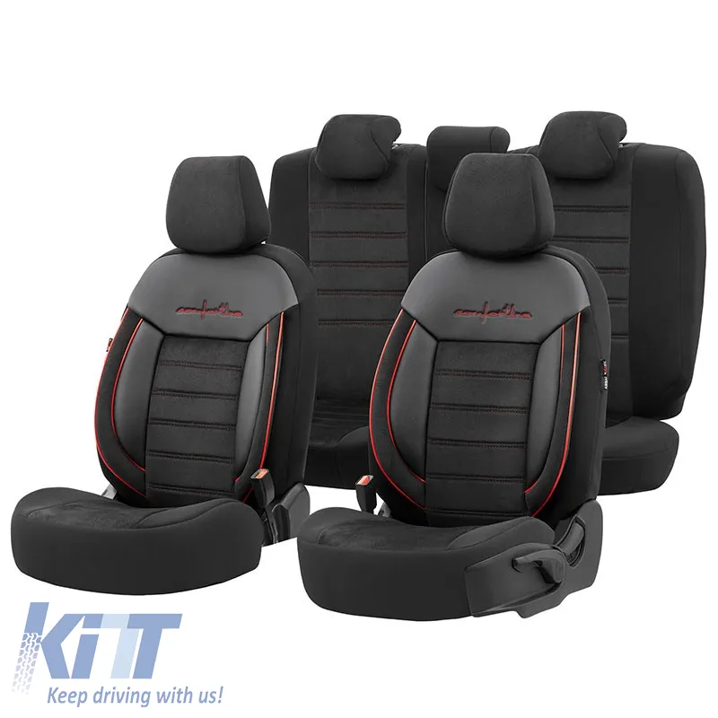Seat Covers Otom Comfortline Design Universal Sued / Rachel / Artificial Leather Front / Rear Set 11 Pieces Black With Red String CMF-218