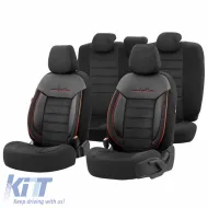 image-45-Seat Covers Otom Comfortline Design Universal Sued / Rachel / Artificial Leather Front / Rear Set 11 Pieces Black With Red String CMF-218