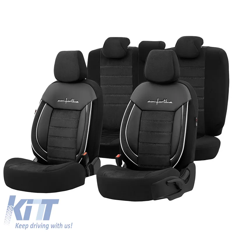 Seat Covers Otom Comfortline Design Universal Sued / Rachel / Artificial Leather Front / Rear Set 11 Pieces Black With White String CMF-217