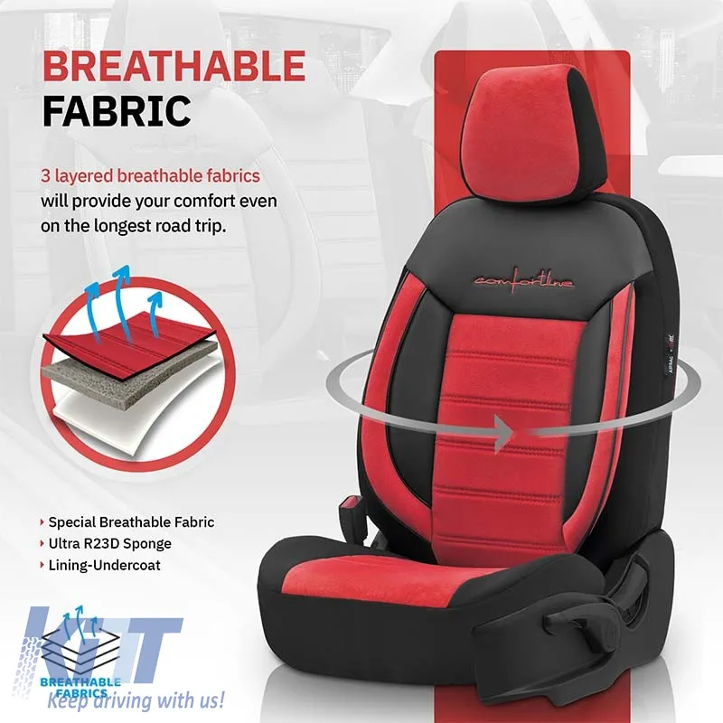 Seat Covers Otom Comfortline Design Universal Sued / Rachel / Artificial Leather Front / Rear Set 11 Pieces Black - Red CMF-207