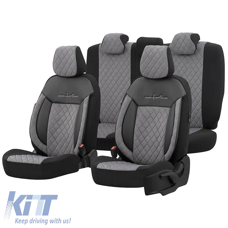 Seat Covers Otom Comfortline VIP Design Universal Sued / Rachel / Artificial Leather Embroidered Front / Rear Set 11 Pieces Black - Grey CMV-233