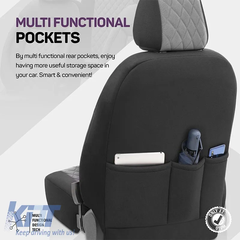 Seat Covers Otom Comfortline VIP Design Universal Sued / Rachel / Artificial Leather Embroidered Front / Rear Set 11 Pieces Black - Grey CMV-233