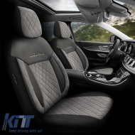 Seat Covers Otom Comfortline VIP Design Universal Sued / Rachel / Artificial Leather Embroidered Front / Rear Set 11 Pieces Black - Grey CMV-233