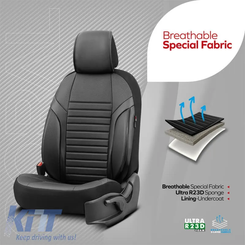 Seat Covers Otom Coral Design Universal Full Artificial Leather Front / Rear Set 11 Pieces Black CRAL-101