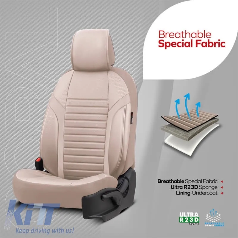 Seat Covers Otom Coral Design Universal Full Artificial Leather Front / Rear Set 11 Pieces Beige CRAL-102