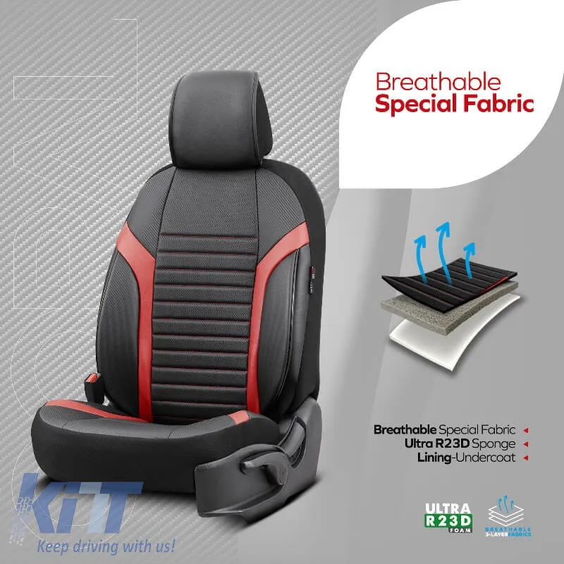 Seat Covers Otom Coral Design Universal Full Artificial Leather Front / Rear Set 11 Pieces Black / Red CRAL-104