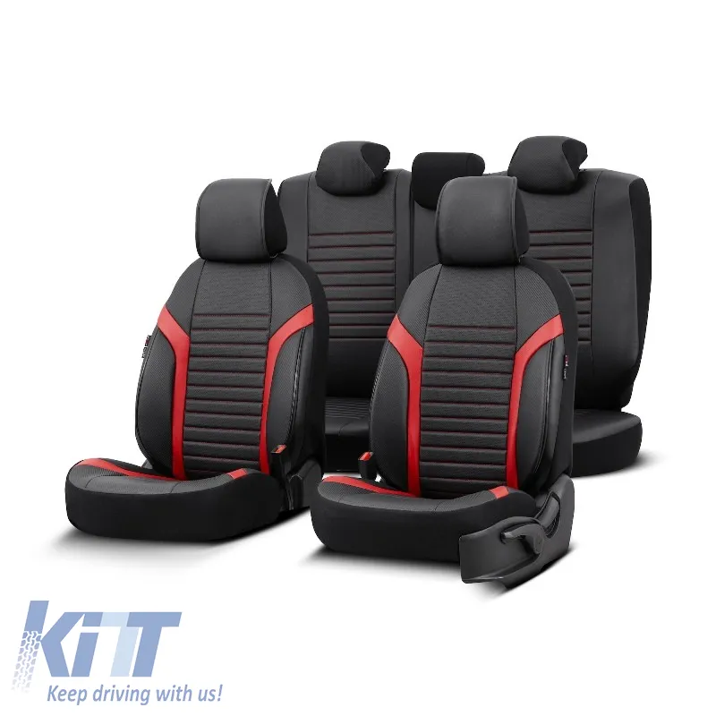 Seat Covers Otom Coral Design Universal Full Artificial Leather Front / Rear Set 11 Pieces Black / Red CRAL-104