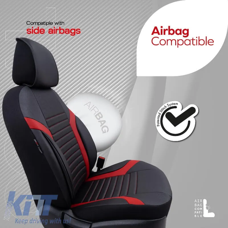 Seat Covers Otom Coral Design Universal Full Artificial Leather Front / Rear Set 11 Pieces Black / Red CRAL-104