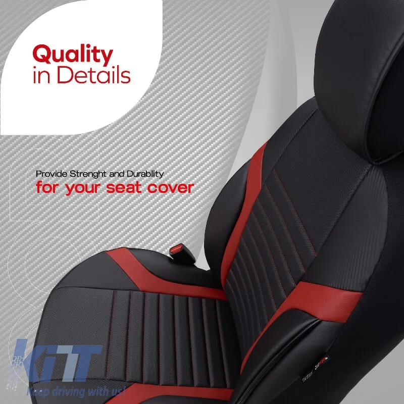 Seat Covers Otom Coral Design Universal Full Artificial Leather Front / Rear Set 11 Pieces Black / Red CRAL-104