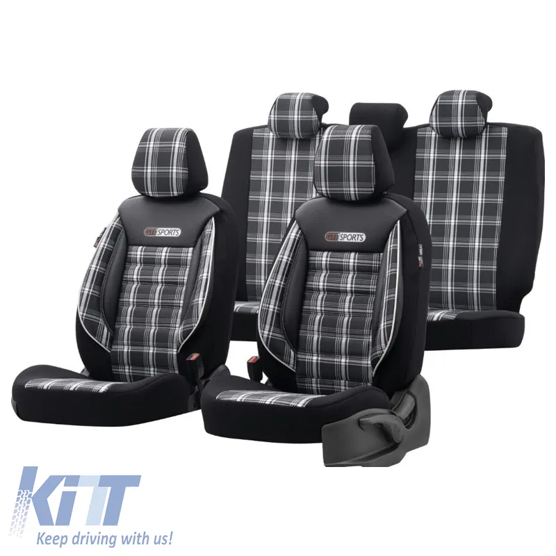 Seat Covers Otom GTI Sports Design Universal Jacquard / Lacost / Artificial Leather Front / Rear Set 11 Pieces Black - Grey GTI-807