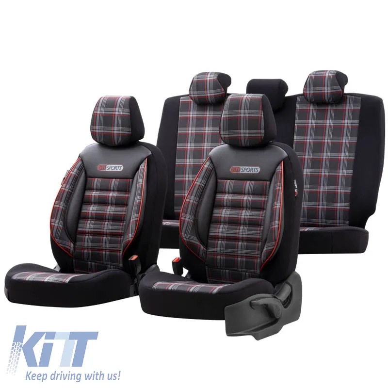 Seat Covers Otom GTI Sports Design Universal Jacquard / Lacost / Artificial Leather Front / Rear Set 11 Pieces Black - Red GTI-801