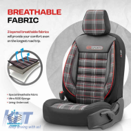 Seat Covers Otom GTI Sports Design Universal Jacquard / Lacost / Artificial Leather Front / Rear Set 11 Pieces Black - Red GTI-801