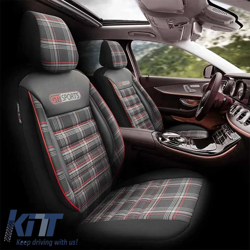Seat Covers Otom GTI Sports Design Universal Jacquard / Lacost / Artificial Leather Front / Rear Set 11 Pieces Black - Red GTI-801