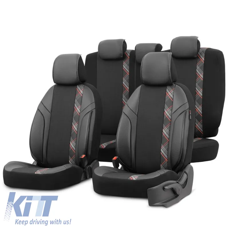 Seat Covers Otom Horizon Universal Jacquard / Rachel / Artificial Leather Front / Rear Set 11 Pieces Black / Red HRZ-1801