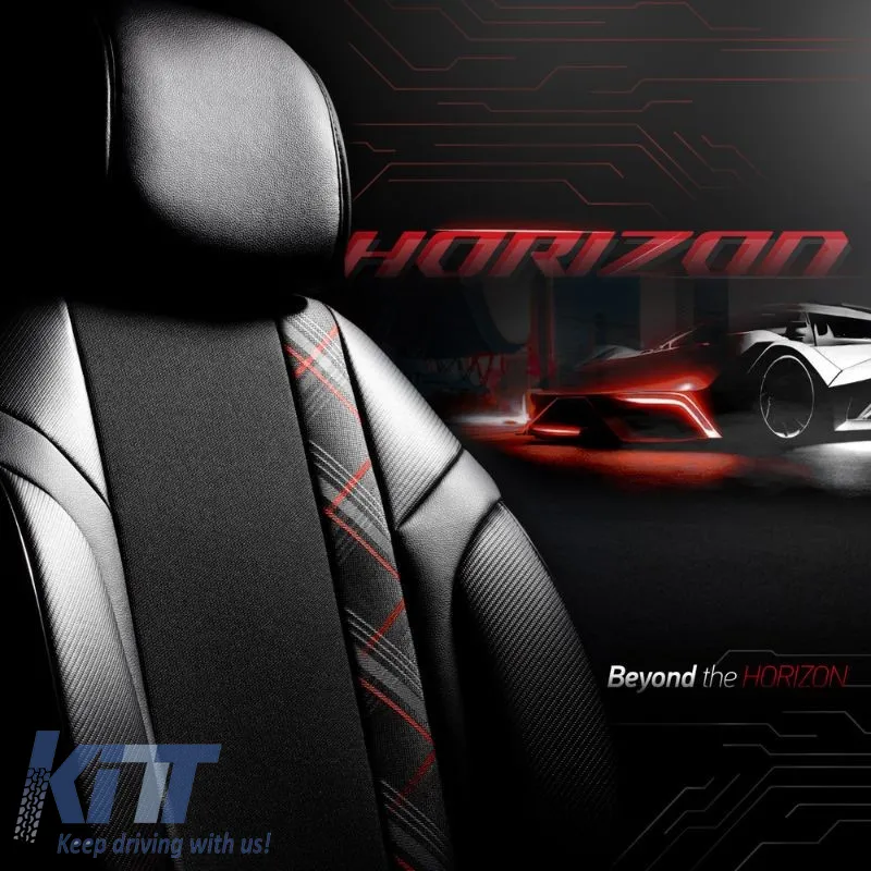 Seat Covers Otom Horizon Universal Jacquard / Rachel / Artificial Leather Front / Rear Set 11 Pieces Black / Red HRZ-1801