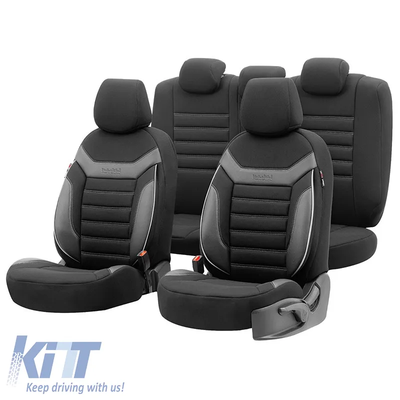 Seat Covers Otom Individual Design Universal Jacquard / Rachel / Artificial Leather Front / Rear Set 11 Pieces Black With Grey Stitch IND-202