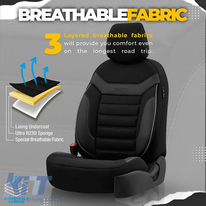 Seat Covers Otom Individual Design Universal Jacquard / Rachel / Artificial Leather Front / Rear Set 11 Pieces Black With Grey Stitch IND-202